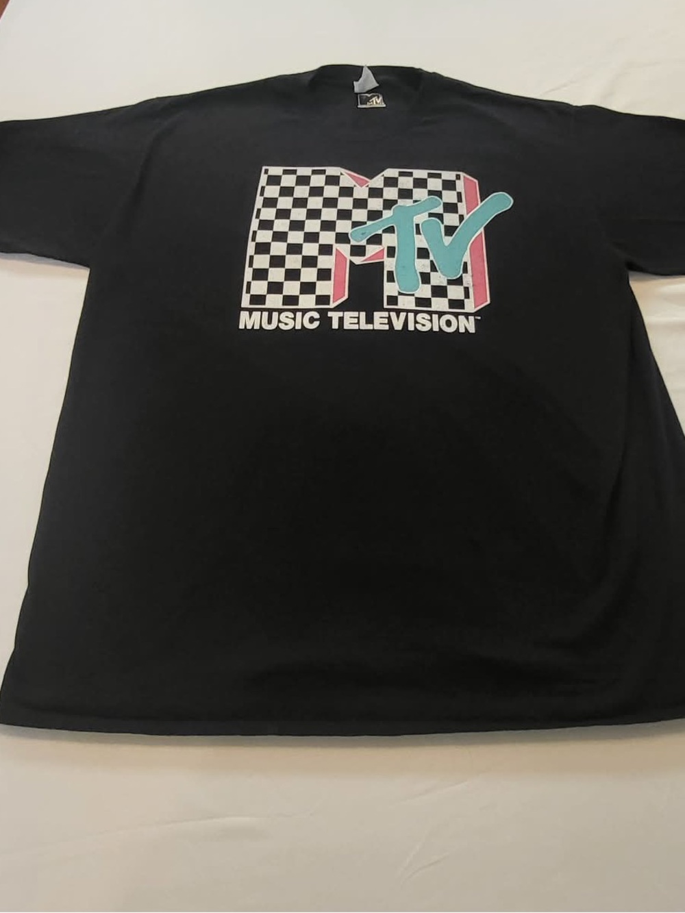 Vintage MTV Checkerboard Logo Tee in Black, Teal & Pink